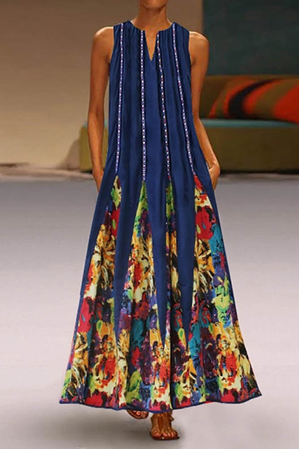 Print Pockets Loose Maxi Dress