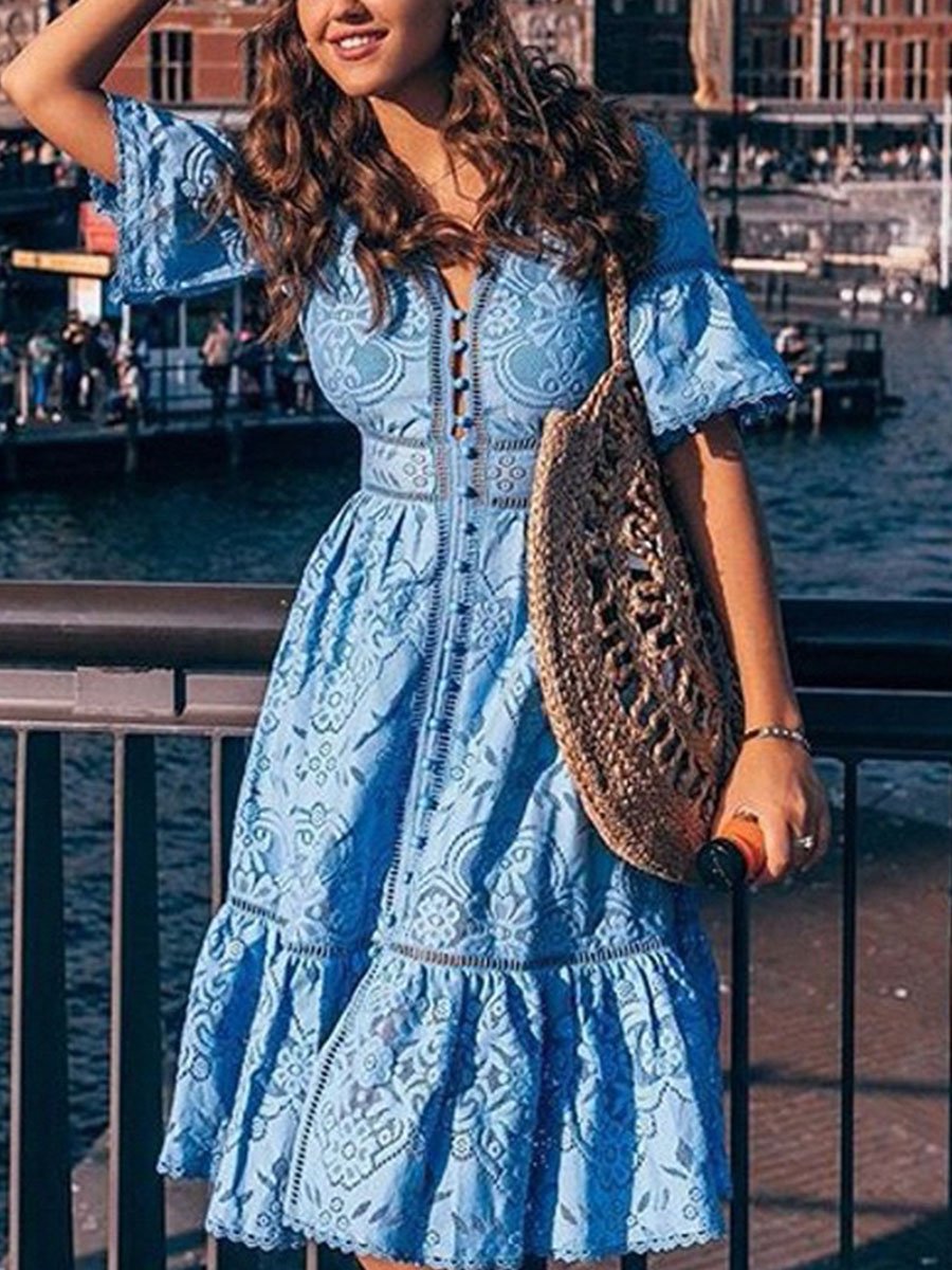 V-neck Solid Slim-fit Lace Midi Dress