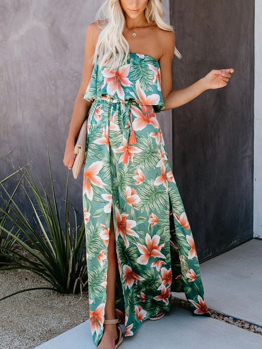 Tropical Plant Print Off-shoulder Ruffled Slit Long Dress