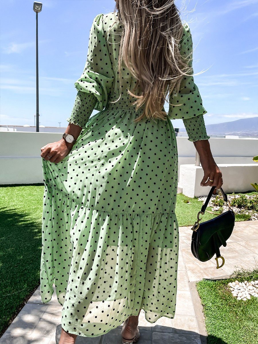 V-neck Polka Dot Print Smocked Maxi Dress