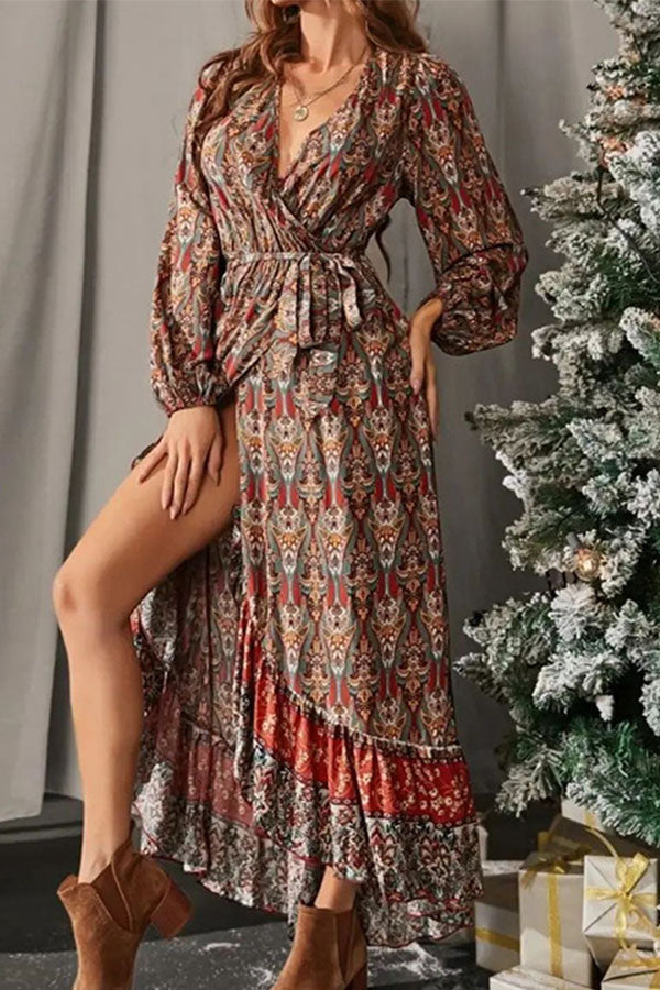 Spring 2022 New Retro Slim Waist Tie Bohemian Print Jumpsuit Group Dress
