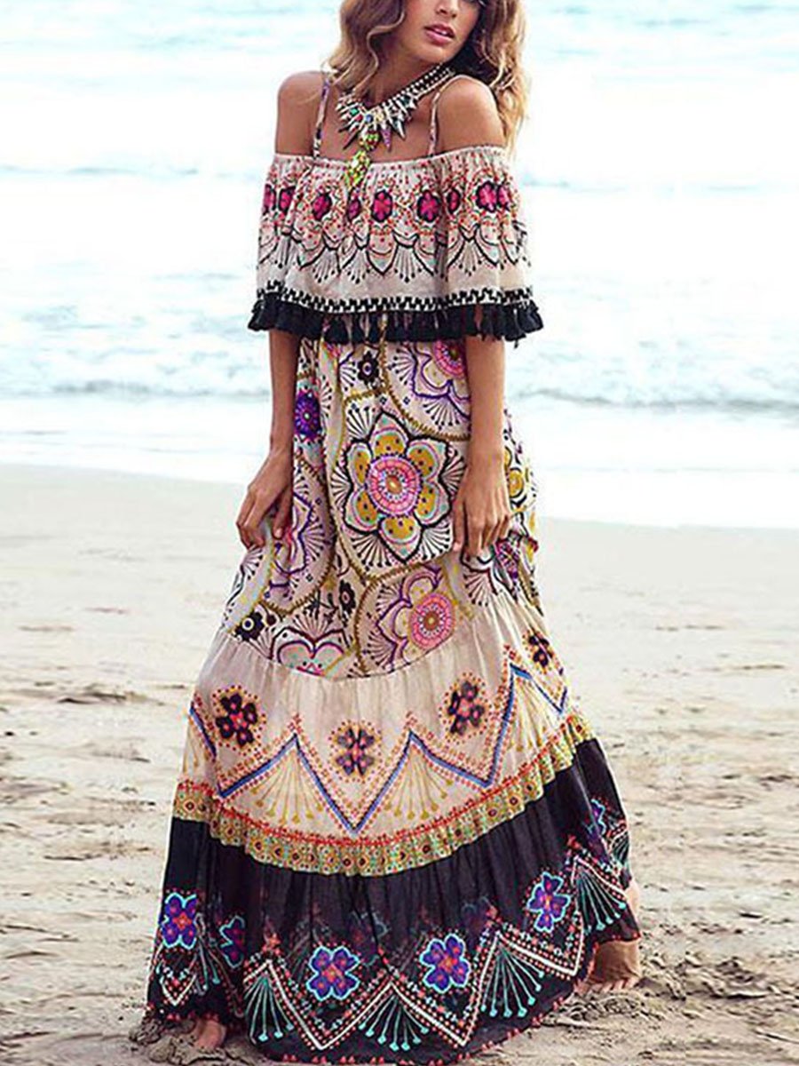 Bohemian One Shoulder Print Dress