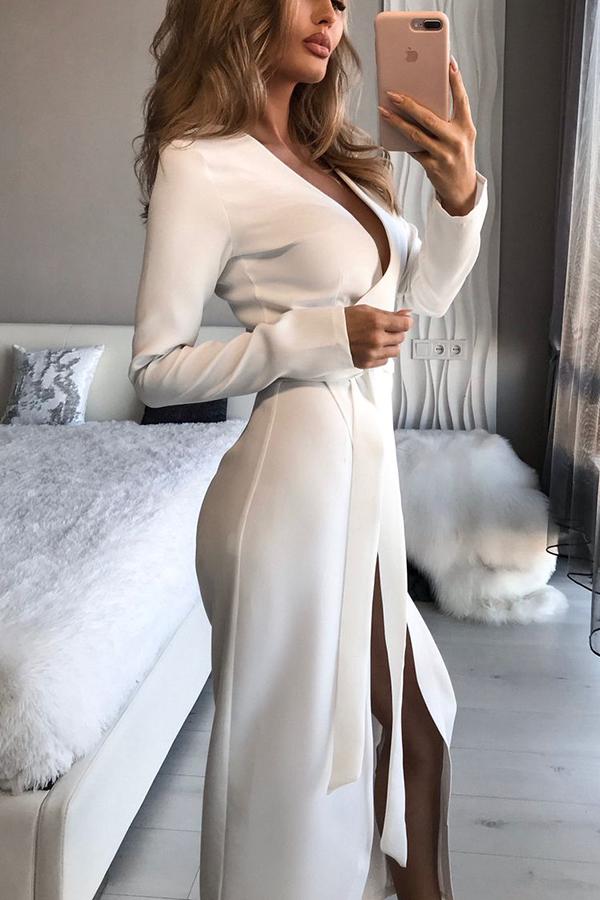 Long Sleeve Collarless Maxi Dress