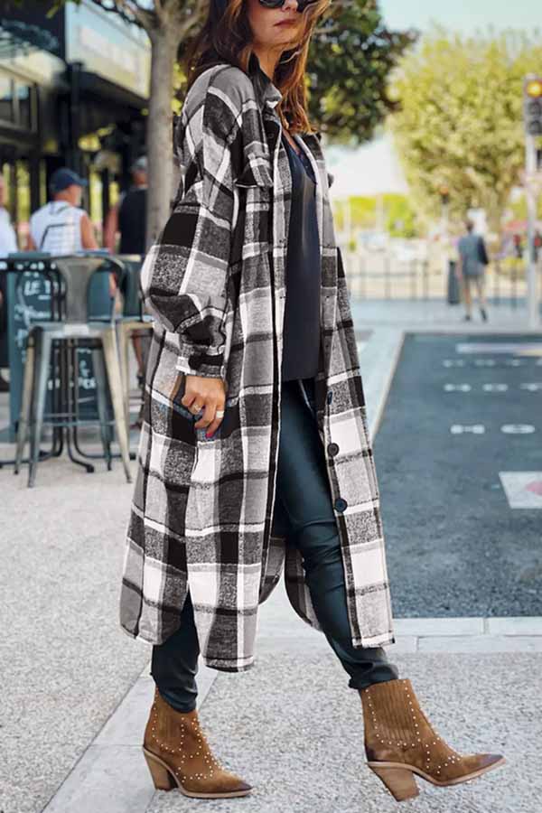 Lapel Plaid Coat Tops