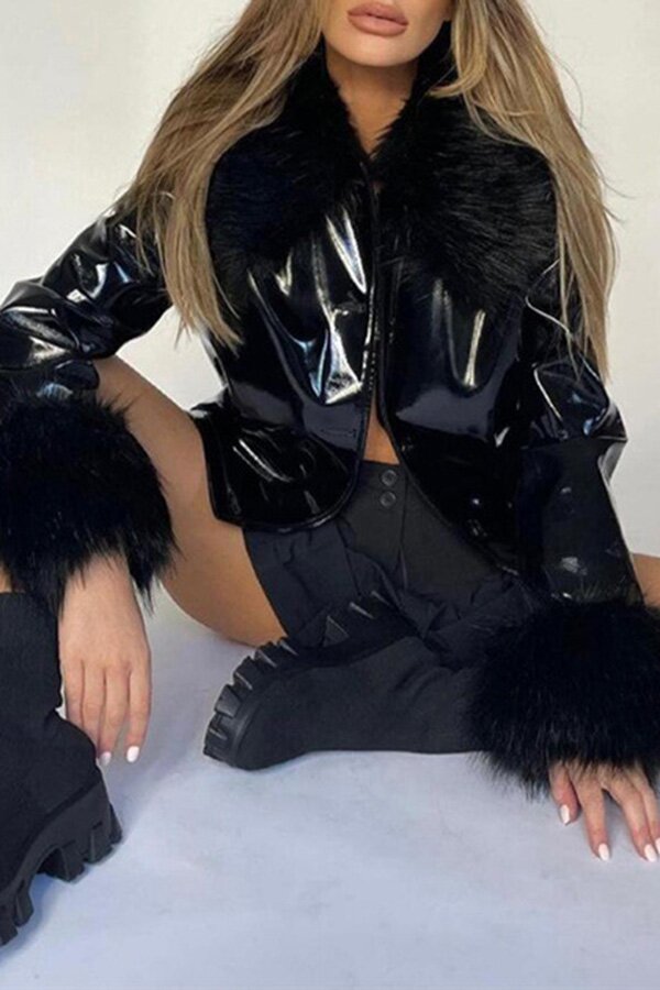 Chic Faux Fur Patchwork Bodycon Leather Coat