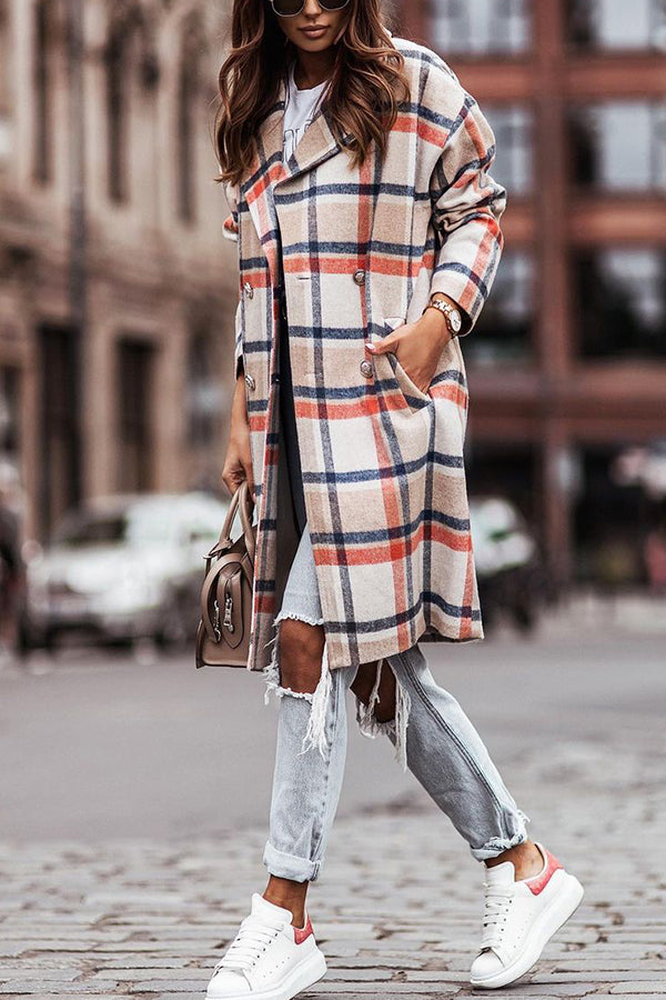 Long-sleeved Single-breasted Plaid Woolen Coat