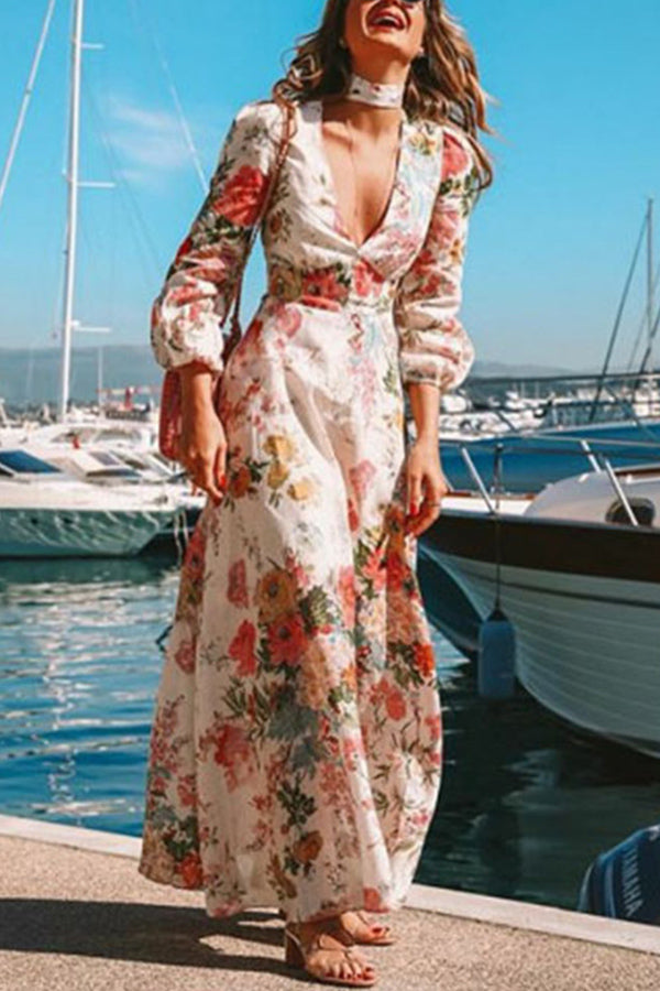 Deep V-neck Long Sleeve Printed Dress