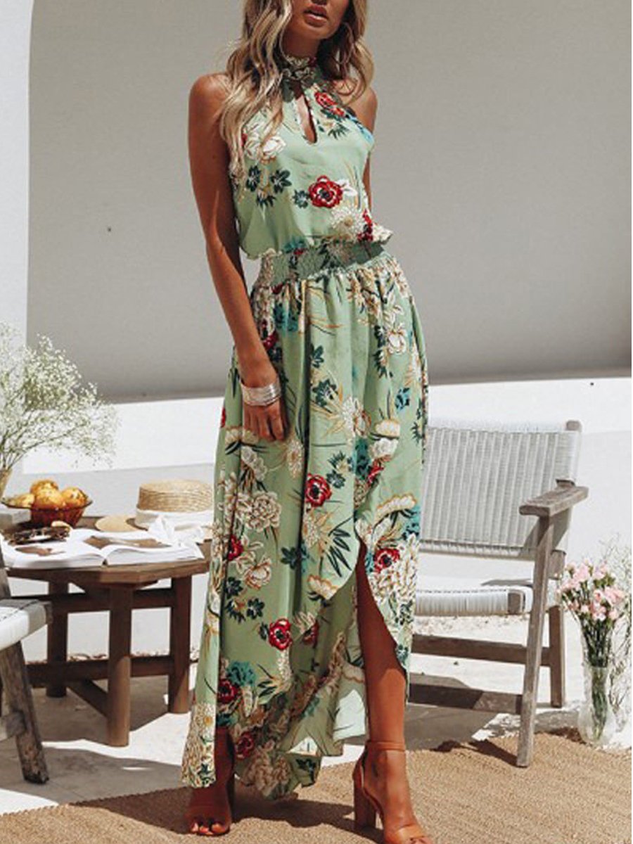 Half-high Neck Cutout Asymmetrical Print Dress