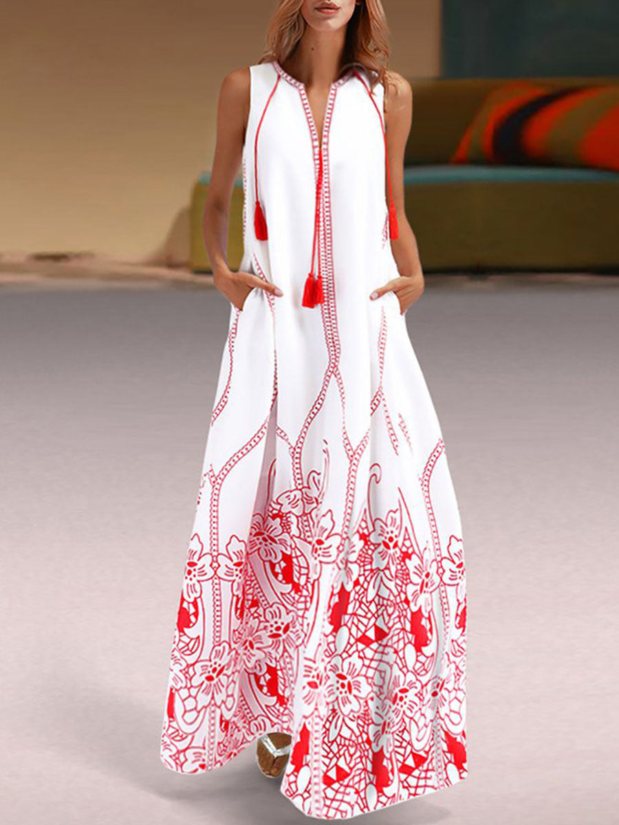 V Neck Red Beach Floral-Print Boho Maxi Dress