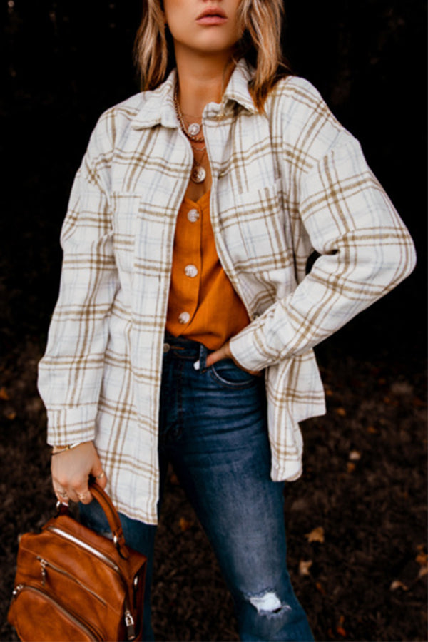 Plaid Pattern Buttoned Shirt Coat with Slits