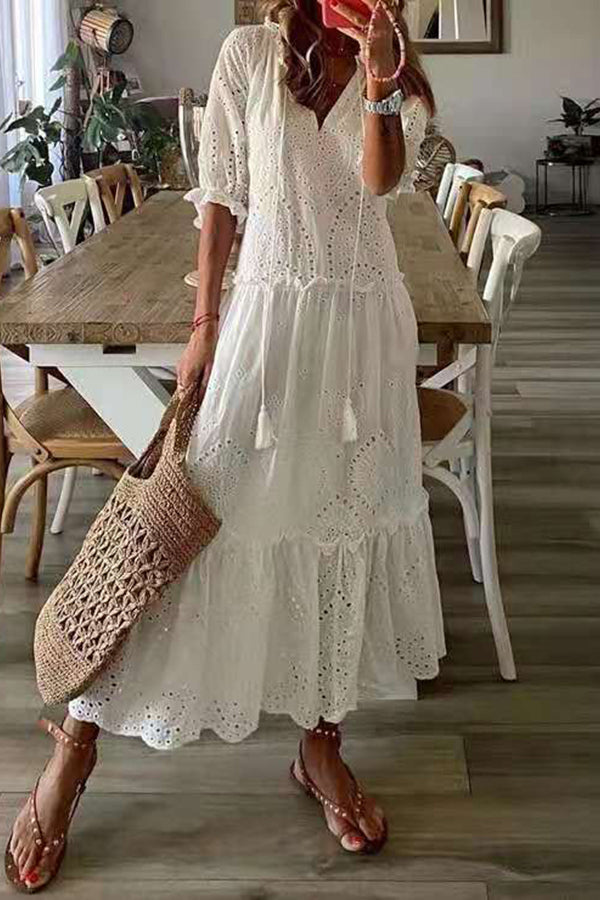 Casual Sweet V-neck Printed Short Sleeve Medium Length Dress