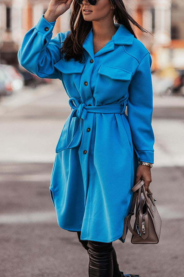 Pure Color Woolen Tie Trench Coat