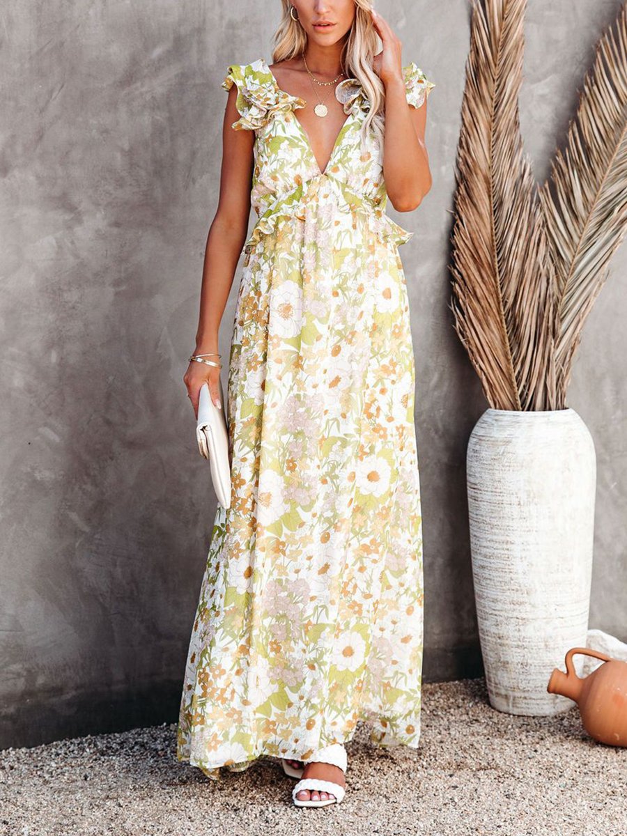 Fashion Ruffled High Waist Floral Print Maxi Dress