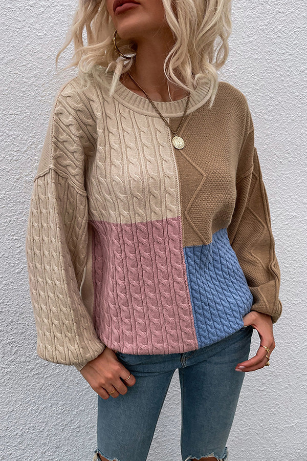 Square Stitching Contrast Color Twist Lantern Sleeve Sweater