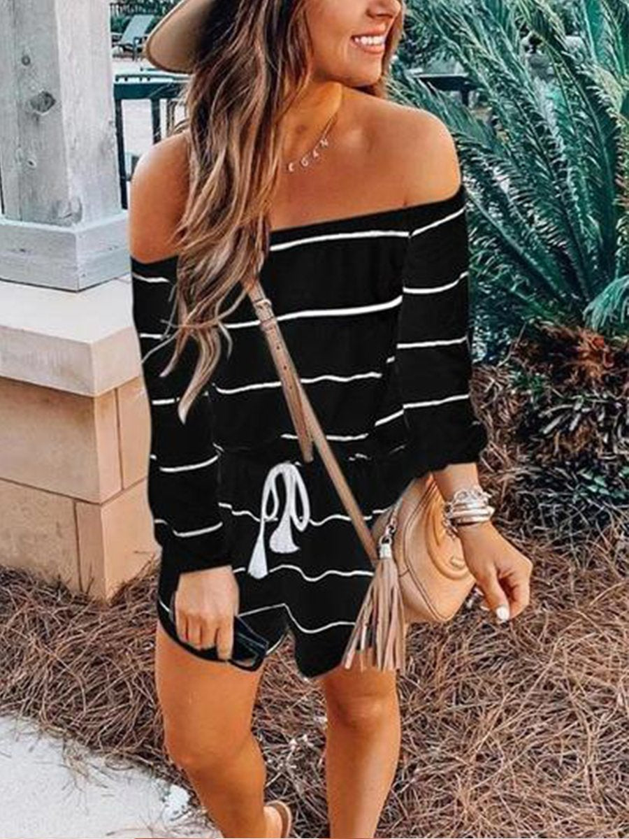 Off Shoulder Striped One-piece Romper