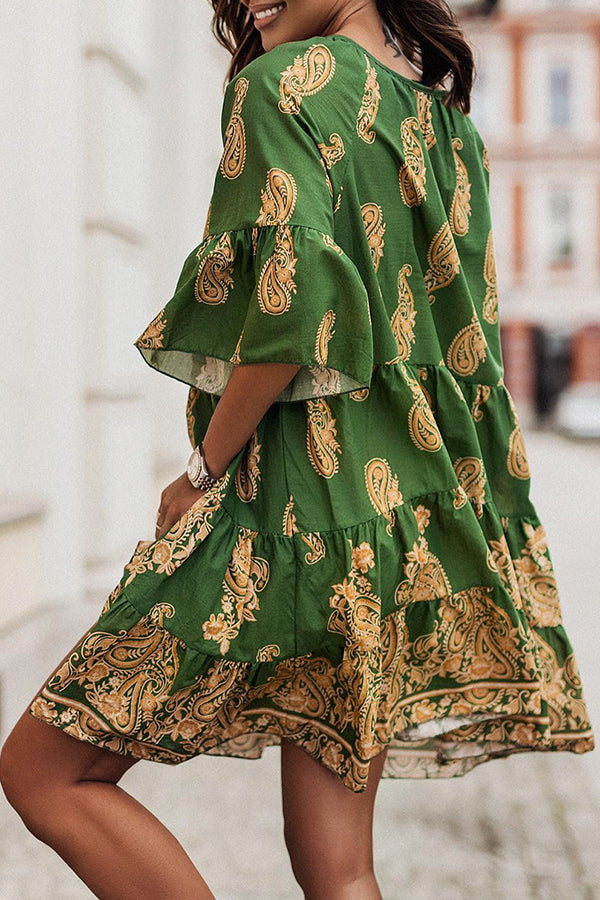 Ethnic Print Tie Mid Sleeve Mini Dress