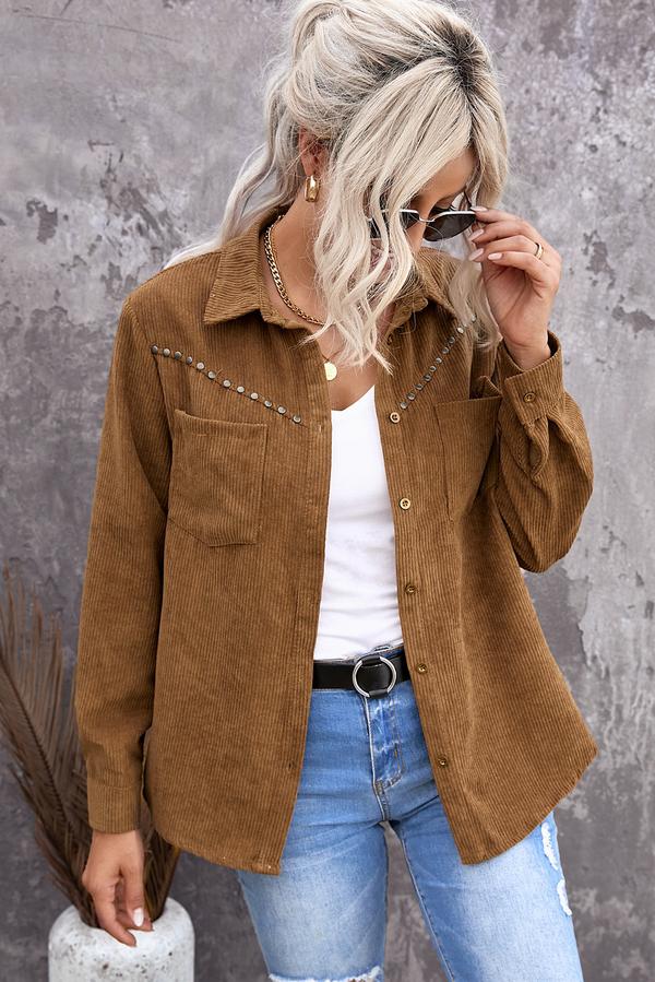 Rivet Corduroy Buttoned Long Sleeve Shirt with Pockets