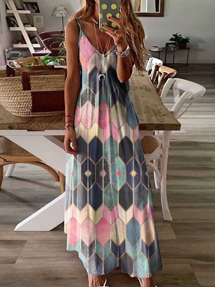 Stylish Geometric Print Sling Baggy Dress
