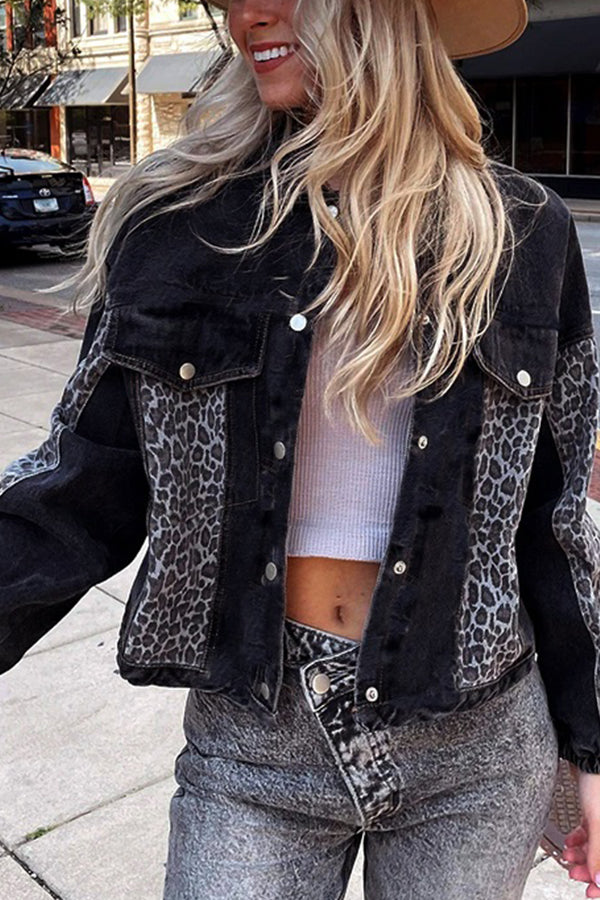 Long Sleeve Leopard Print Stitched Denim Jacket
