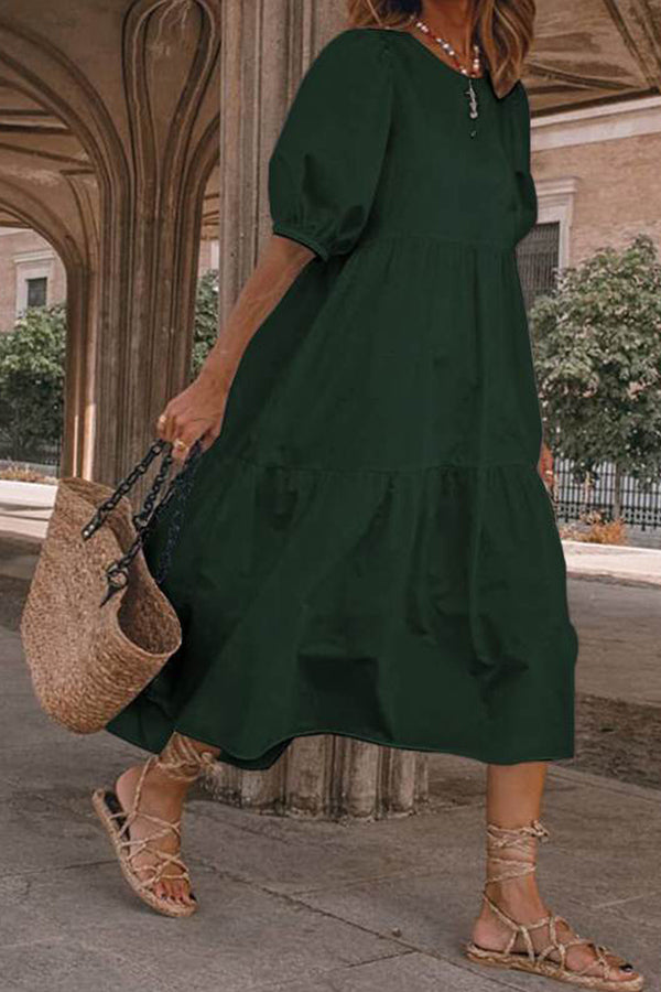 Vacation Puff Sleeve Solid Color Dress