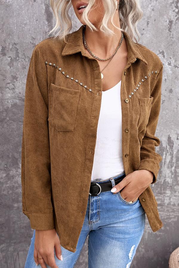 Rivet Corduroy Buttoned Long Sleeve Shirt with Pockets
