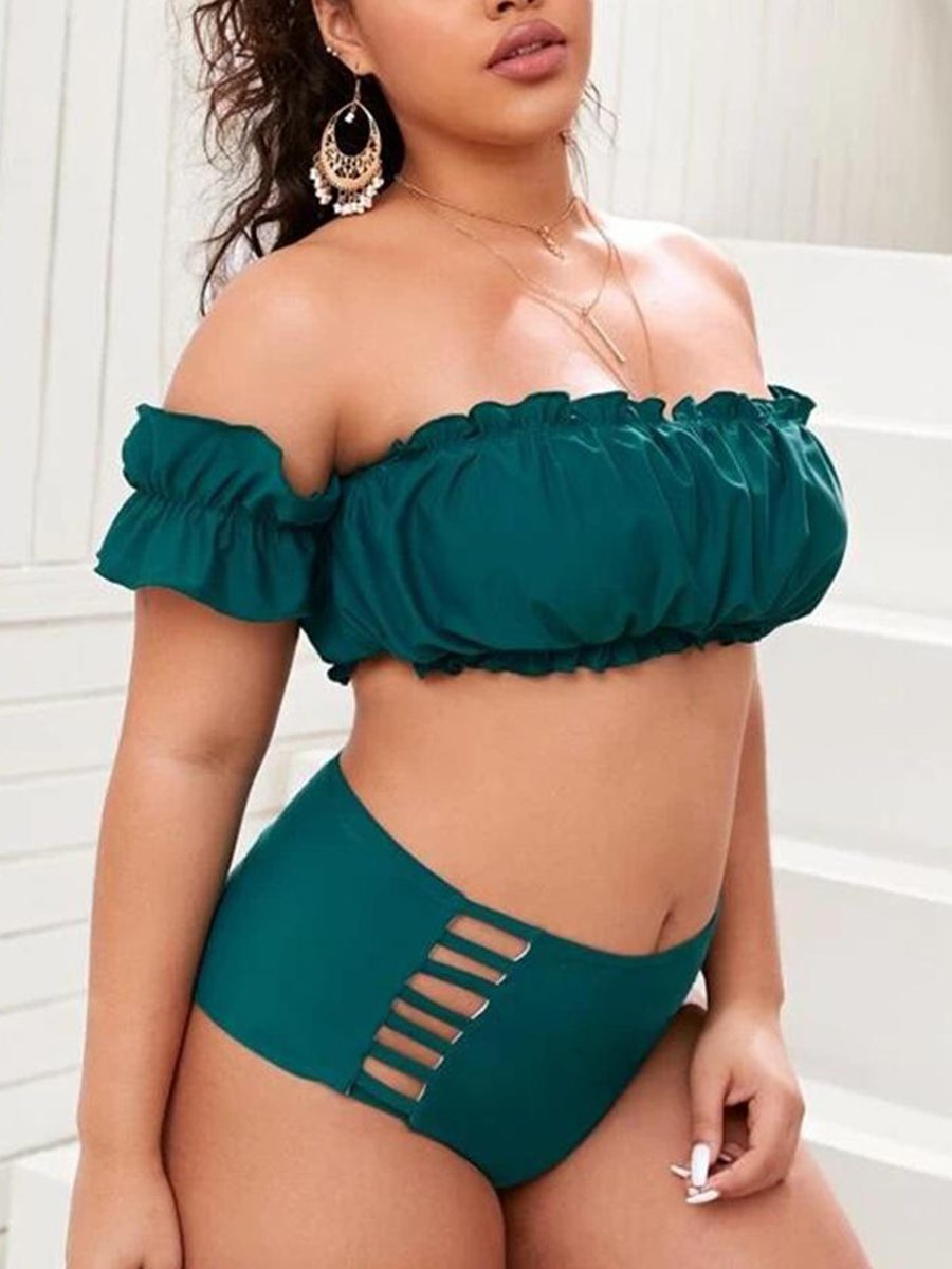 Sweet Off The Shoulder Leopard Print Ruffle Design Hollow-out Tankini