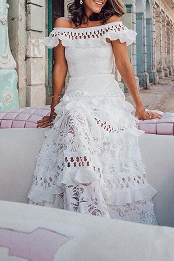 Black Patchwork Lace Cut Out Trendy Boat Neck Elegant Maxi Dress
