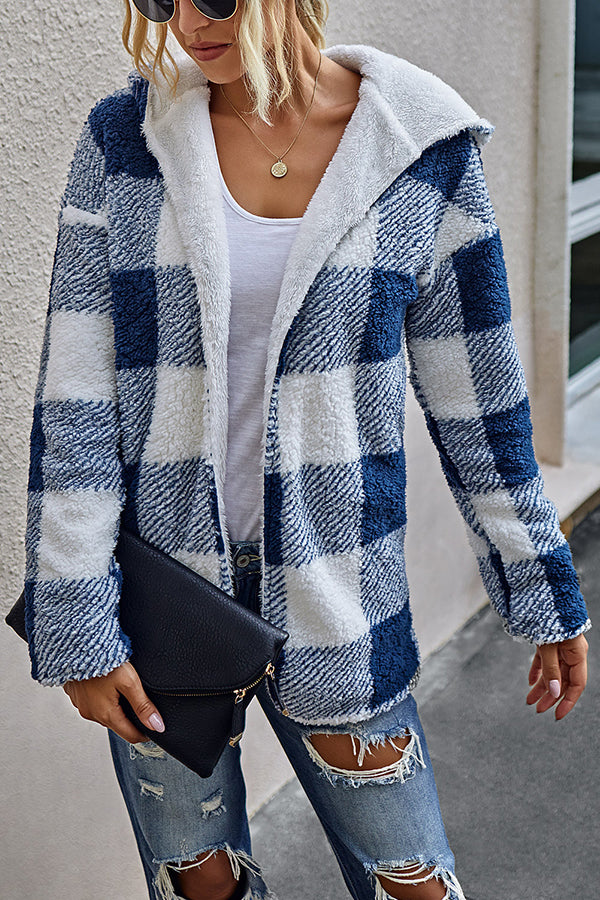 Checked Double-sided Plush Cardigan