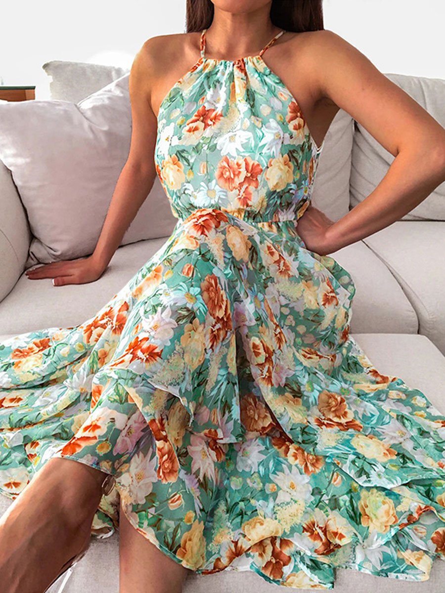 Summer Halterneck Flower Print Maxi Dress
