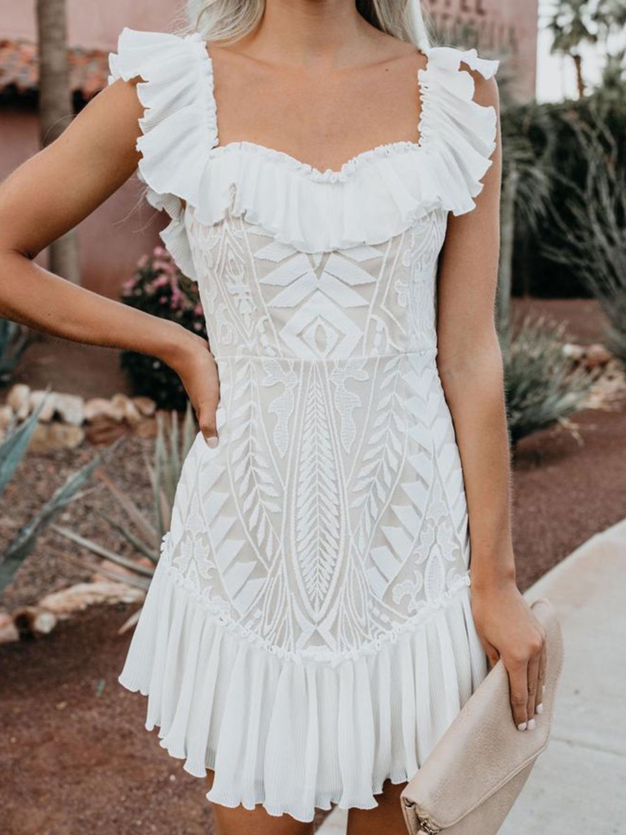 Bouquet Toss Lace Off The Shoulder Pleated Ruffle Dress