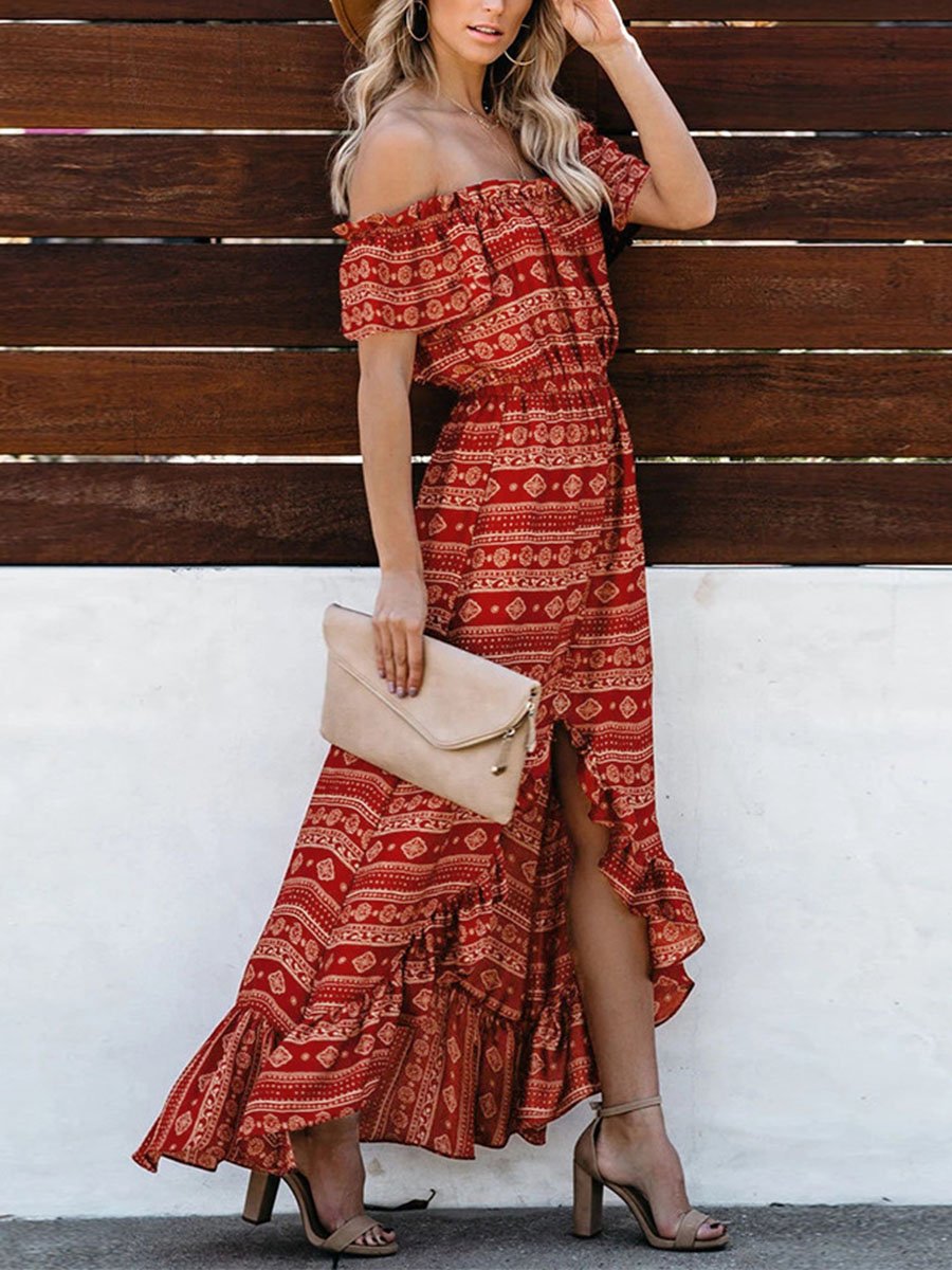 Shoulder Printed Slit Ruffle Maxi Dress