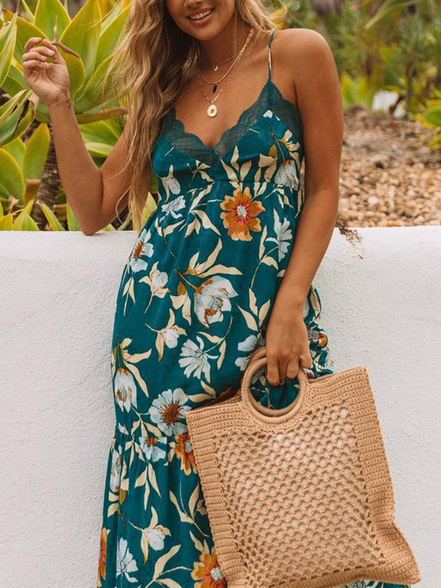 Lace Stitching Sling Print Dress