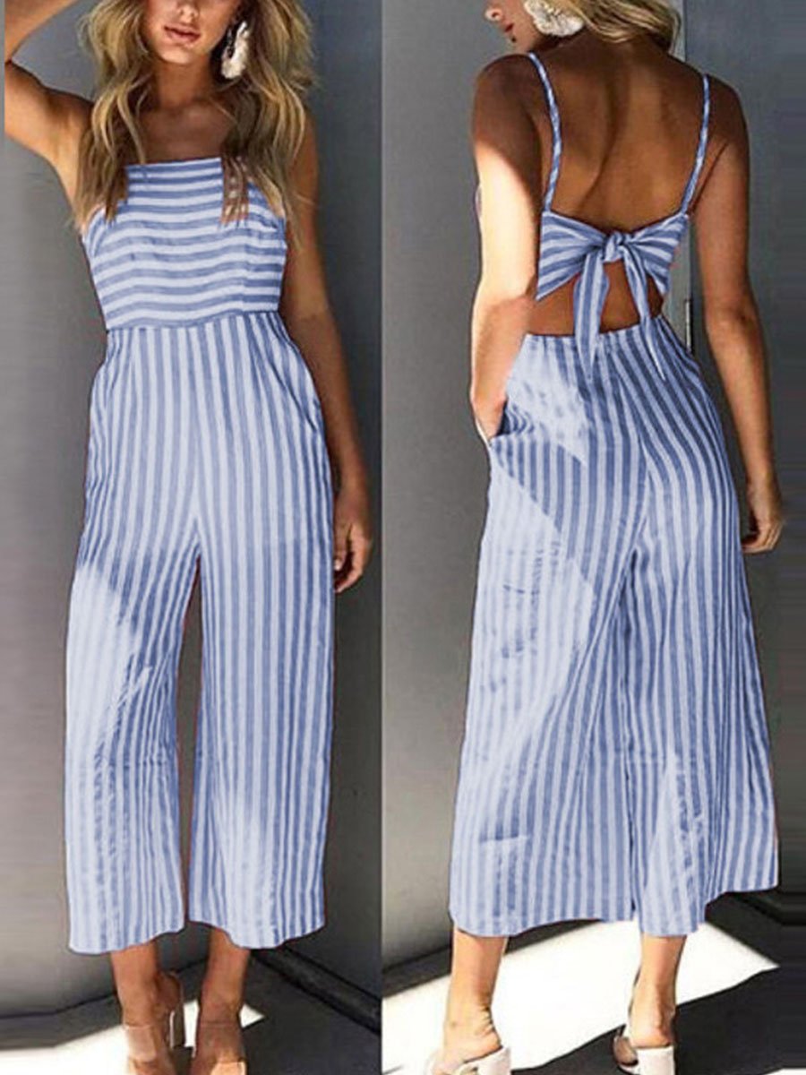 Halterneck Striped Pockets Slim-fit Wid-leg Jumpsuit