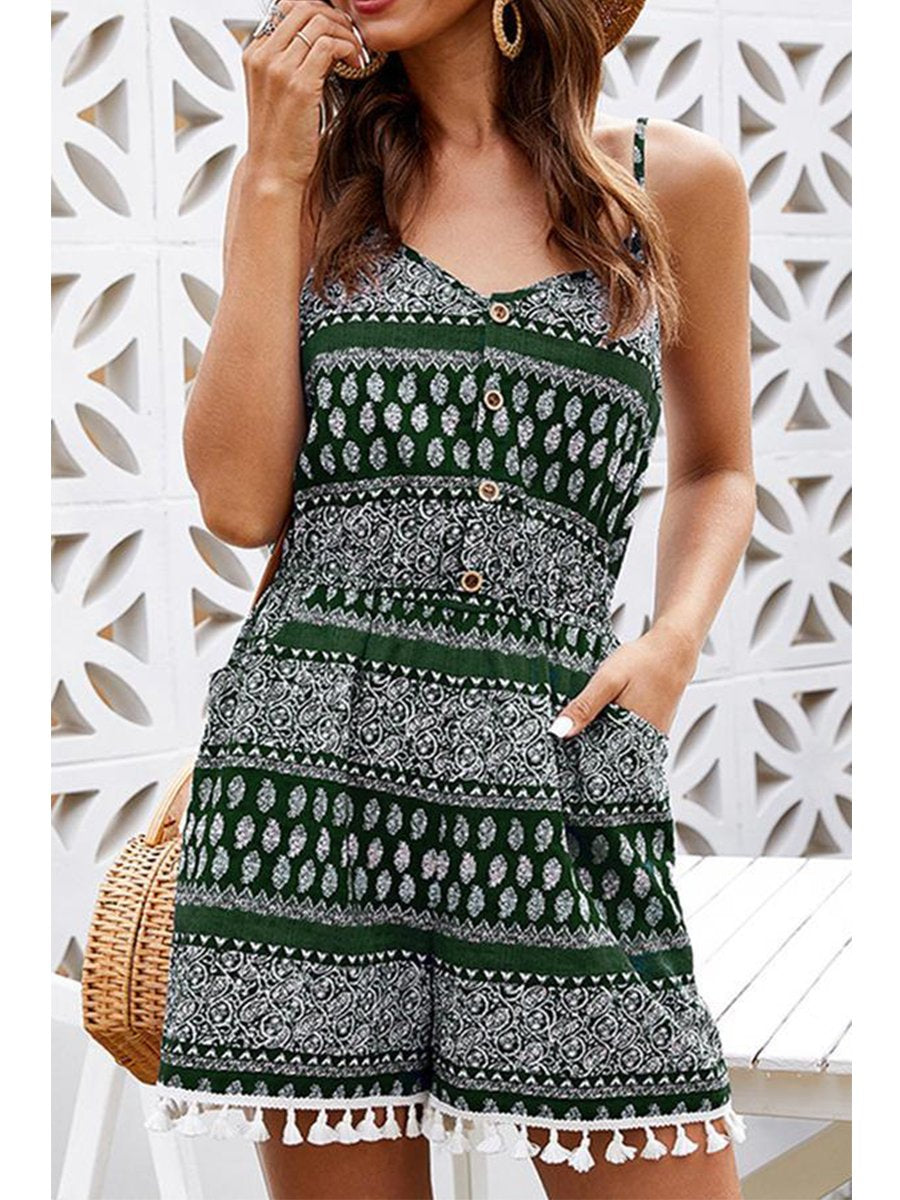 Laid Back Geometric Print Tassels Romper
