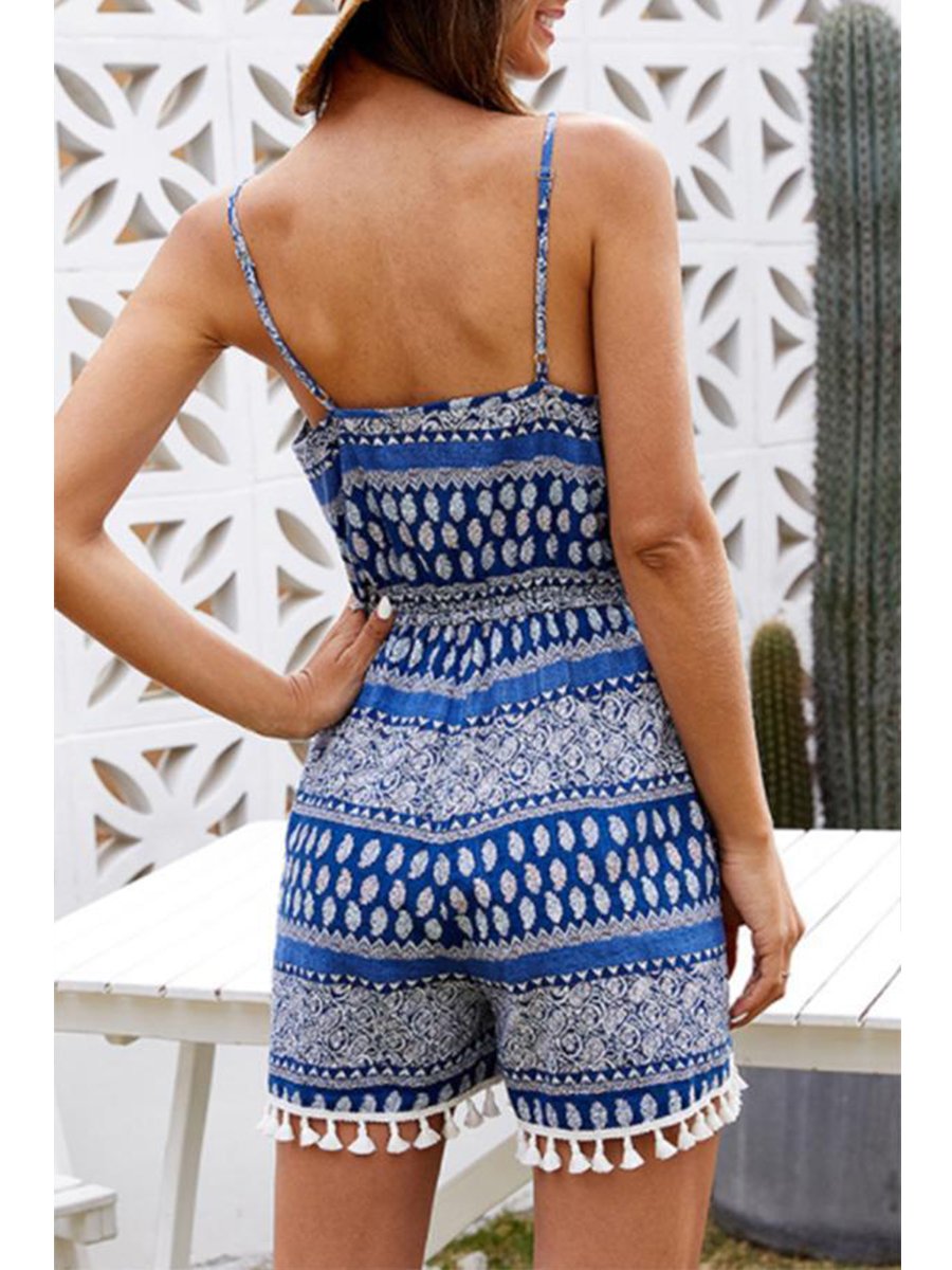 Laid Back Geometric Print Tassels Romper