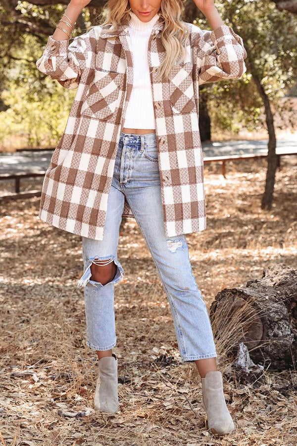 Checked Lapel Single-breasted Patch Pocket Midi Coat