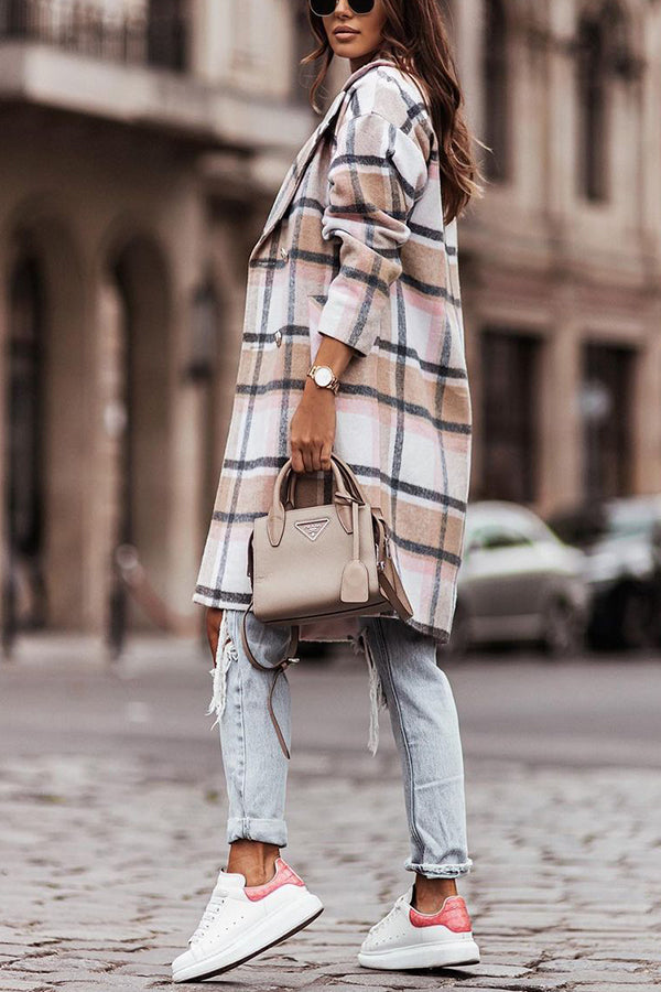 Long-sleeved Single-breasted Plaid Woolen Coat