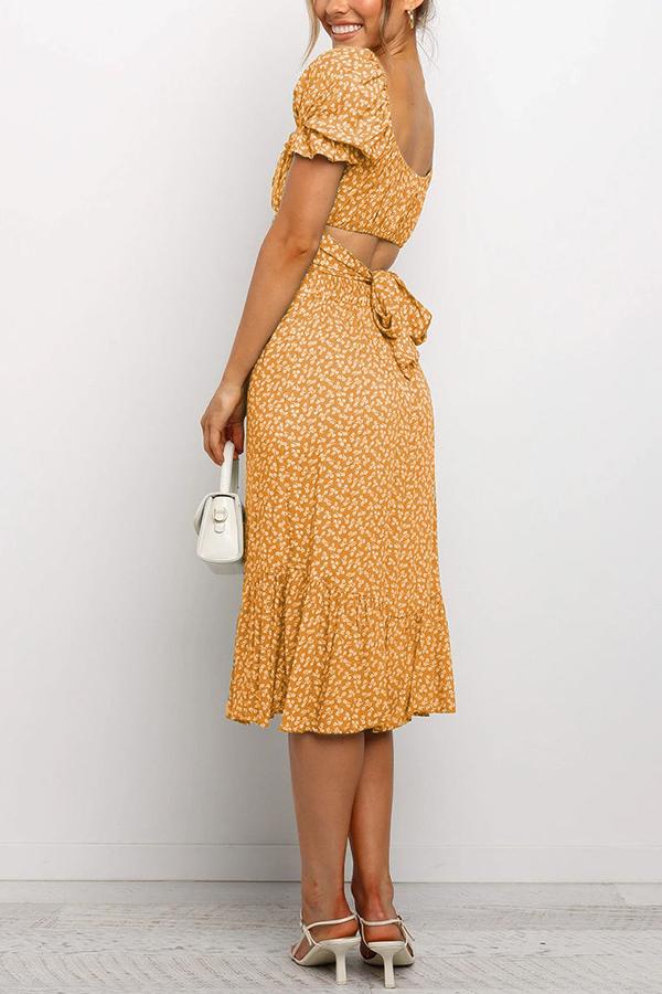 Floral Print Square Neck Puff Sleeve Dress Set