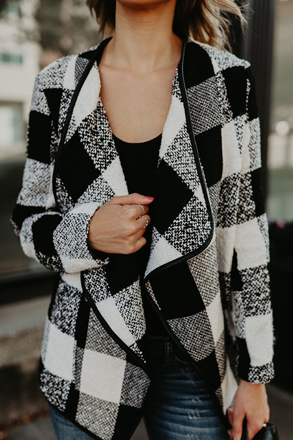 Colorblock Open Drape Front Plaid Coat