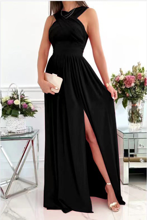 Elegant Sleeveless Halter Open Back Hem Slit Maxi Dress