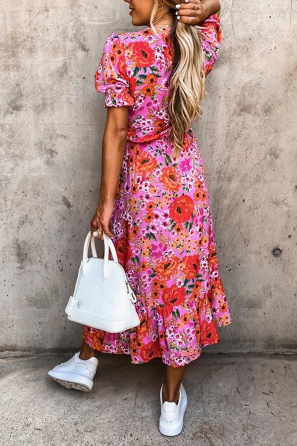 Printed V-neck Waistband Slit Calf-Length Dress