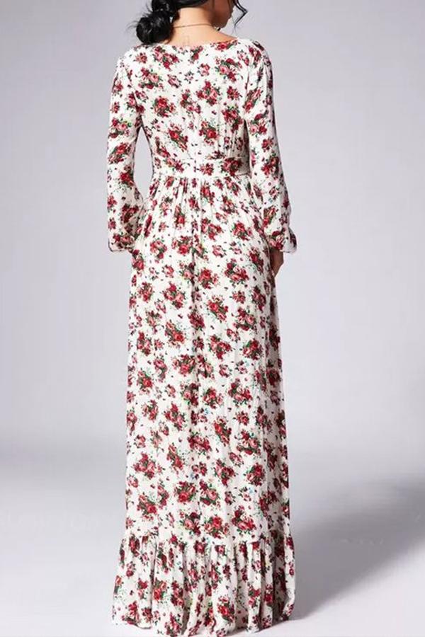 Multicolor Bohemian Floral Print Ruffle Deep V-neck Floor Length Boho Maxi Dress