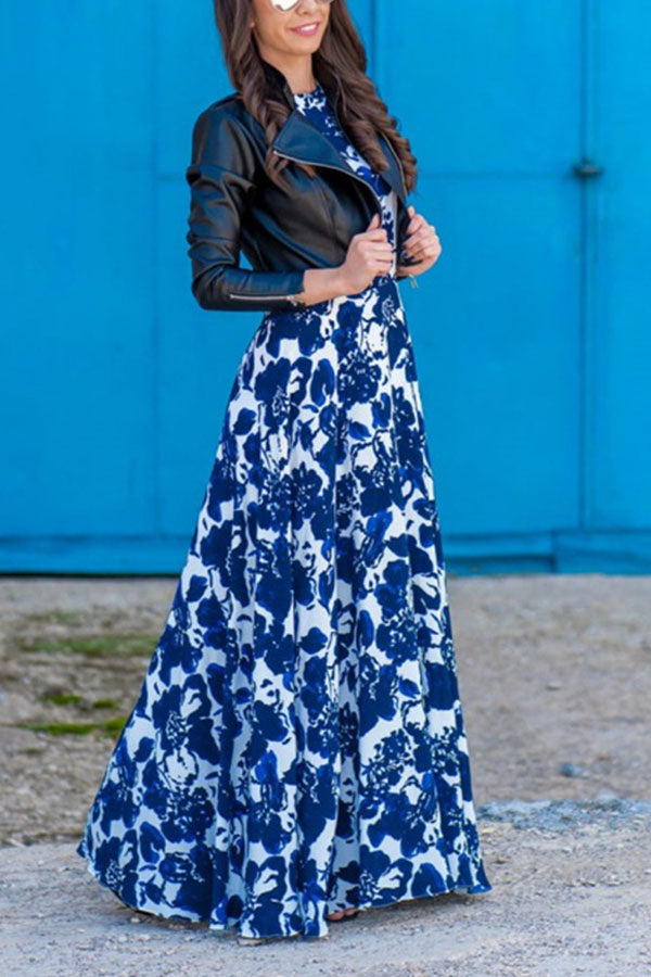 Fresh Print Round Neck Sleeveless Maxi Dress