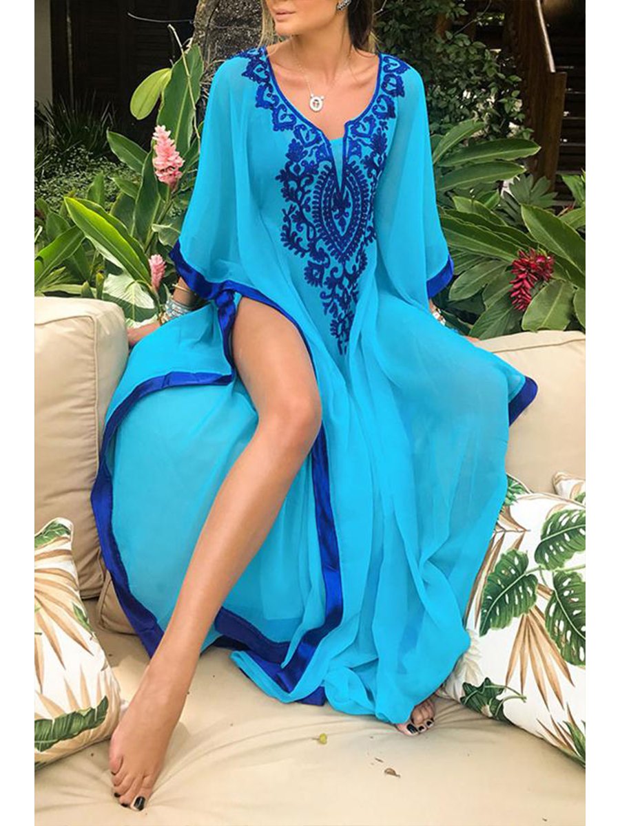 Casual Floral Embroidery Fork Opening Smock