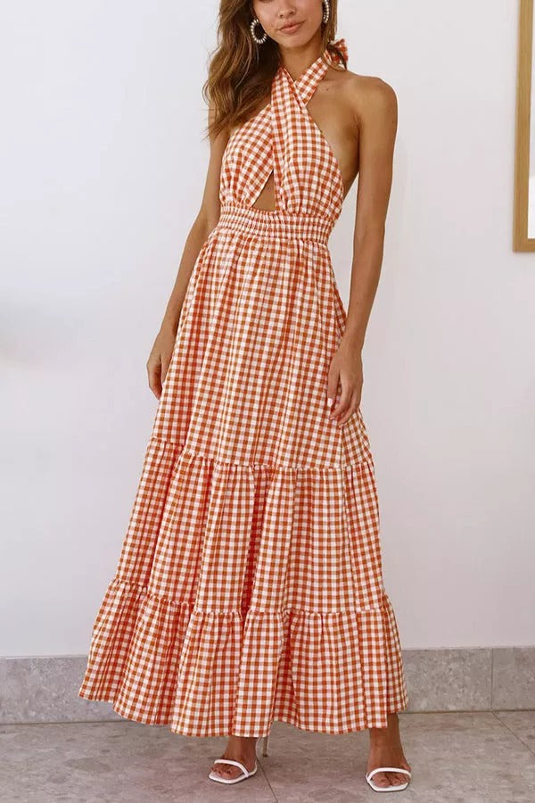 Lovely Dear Cross Halter Neck Plaid Maxi Dress