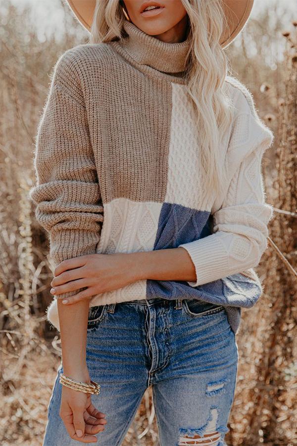 Loose High Neck Contrast Casual Sweater