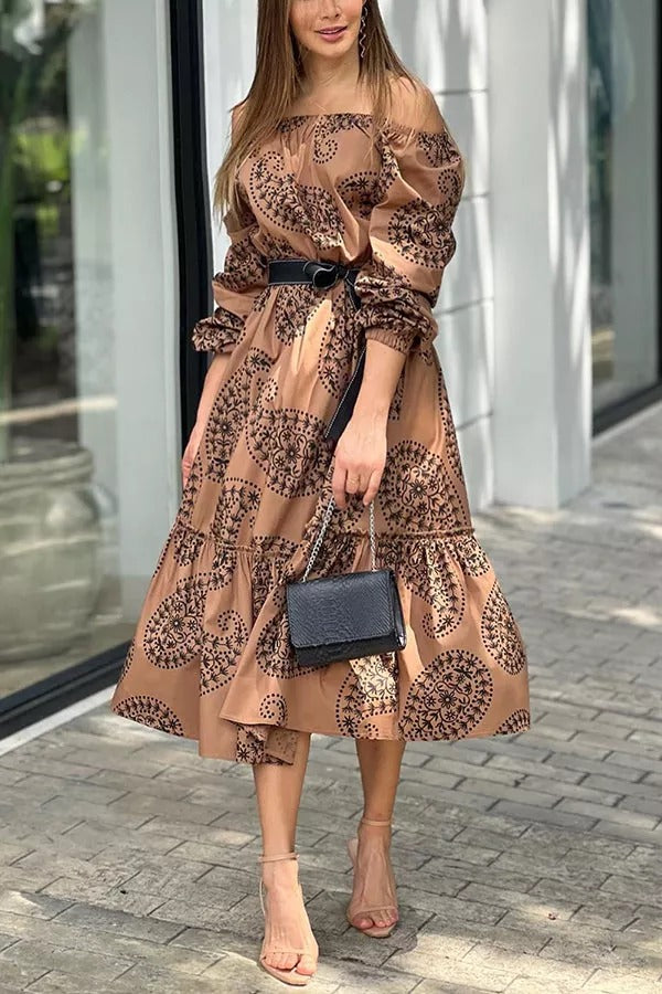 Dynamic Love Printed Off The Shoulder Midi Dress