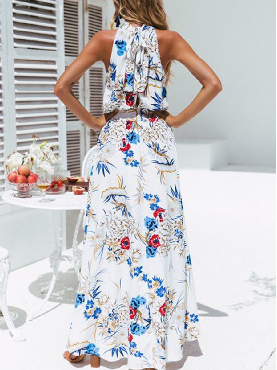 Half-high Neck Cutout Asymmetrical Print Dress