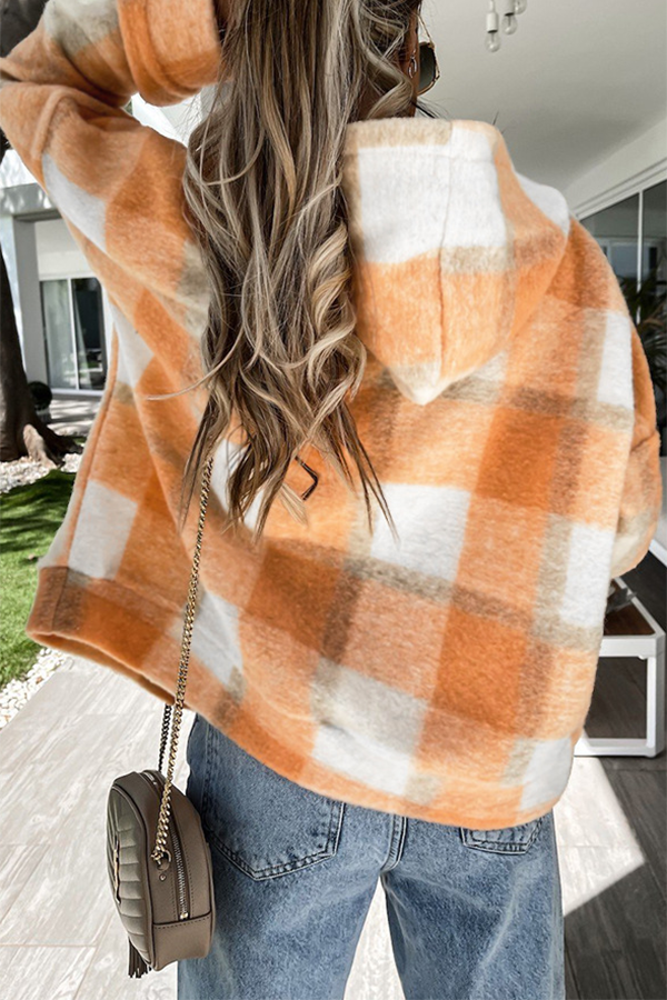 Plaid Hooded Long Sleeve Zipper Pocket Jacket