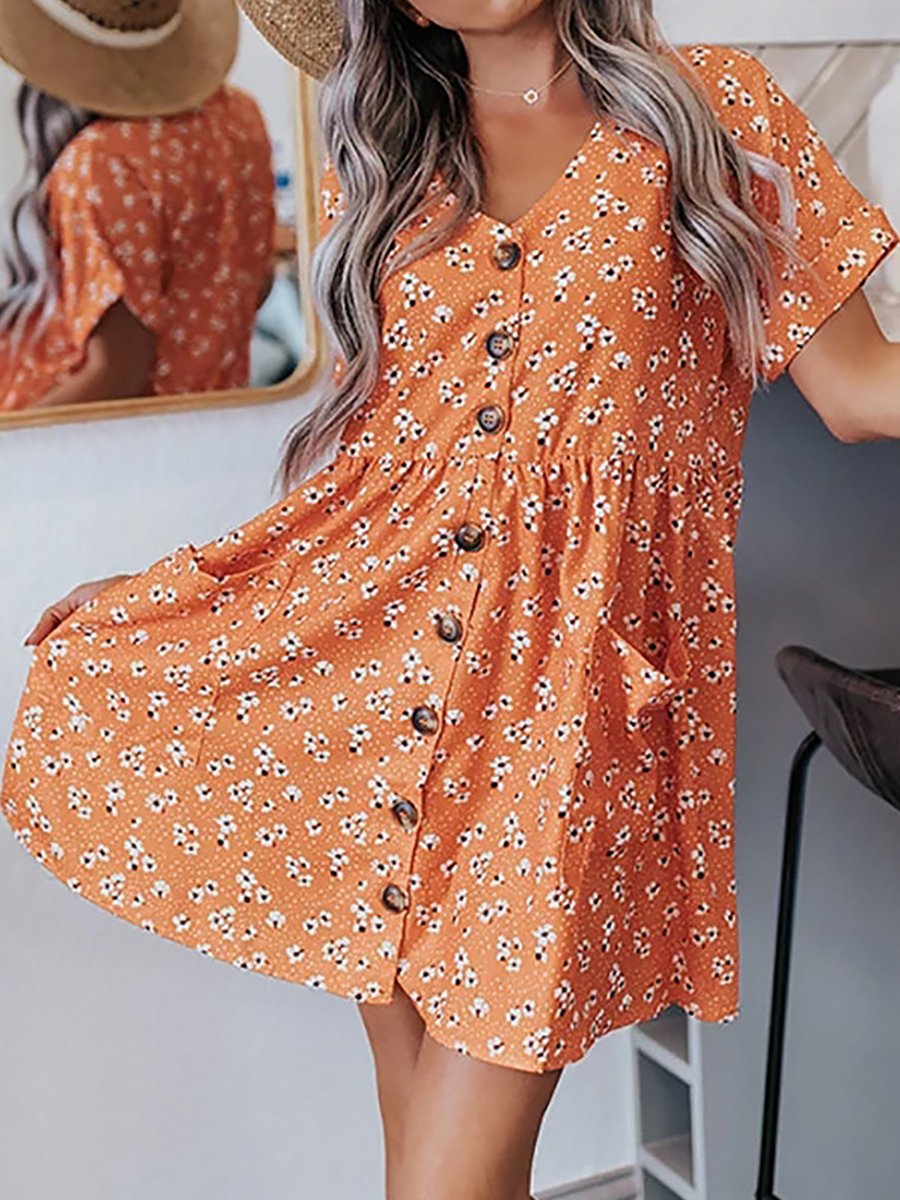V-neck Print Pockets Loose Mini Dress